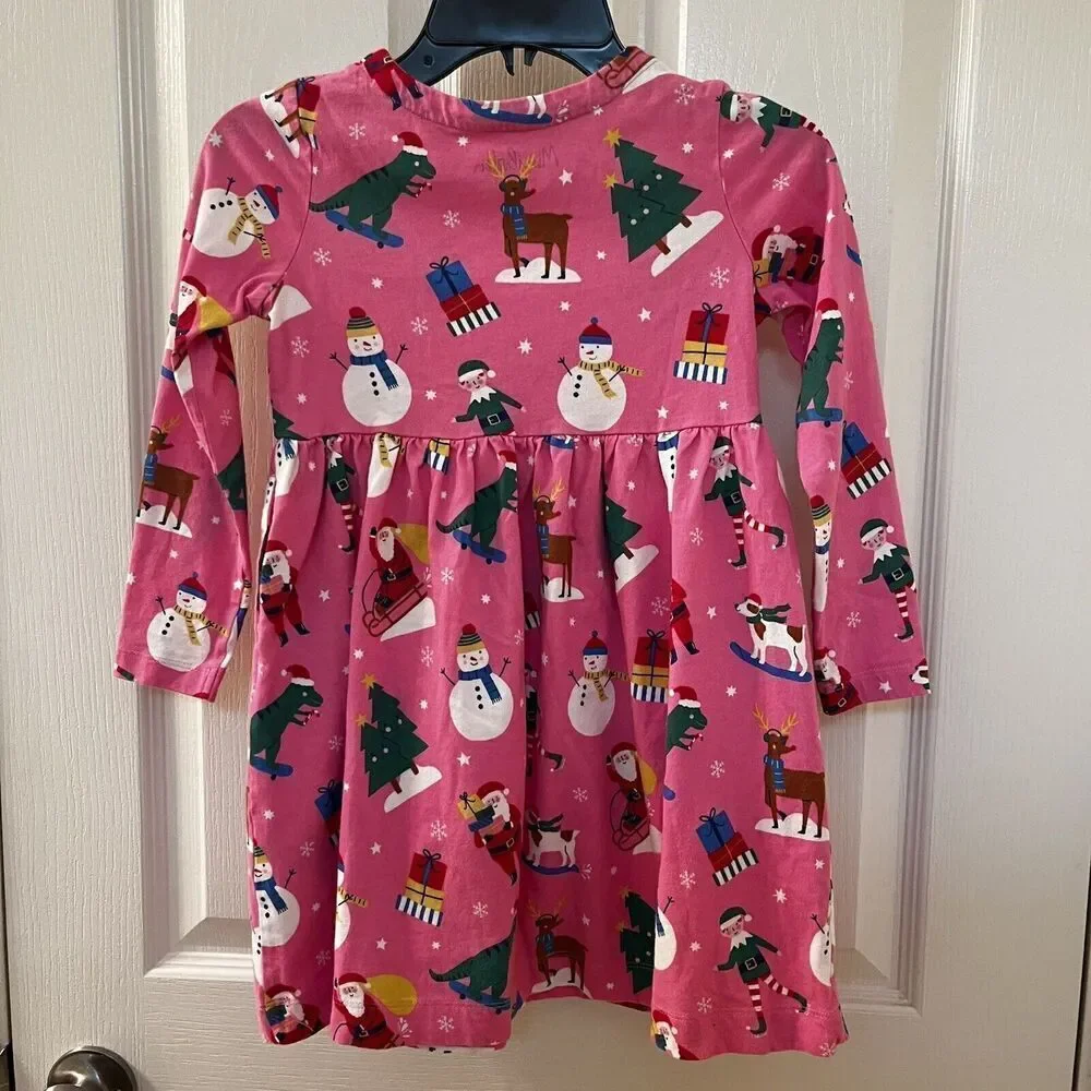 Mini Boden Festive Fun Pink Christmas Dress Dinosaurs Santa Pockets Girls SZ 5-6